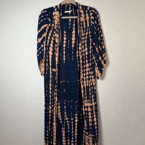 Le Salty Label Duster Kimono Cardigan Tie Dye Cover Up Blue Tan Bohemian XS FLAW